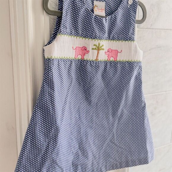 Smocked Giraffe Girls Blue Polka Dot Dress w/ Pink Elephant Embroidery Size 2 - Picture 4 of 11